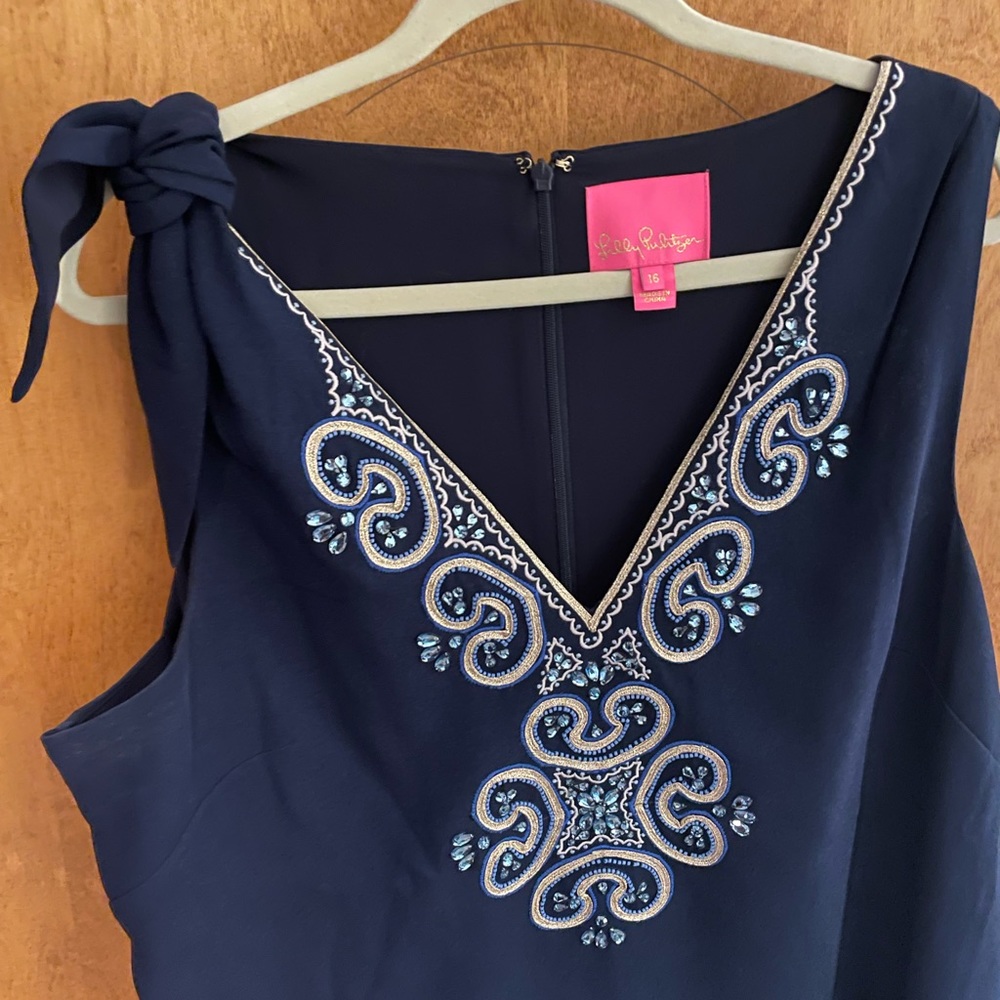 Lilly Pulitzer Navy Blue Embroidered V-Neck Mini Dress - Picture 4 of 6
